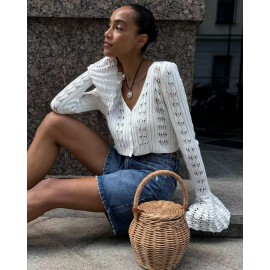 Hollow Out Cutout out Short Knitted Cardigan Women Sexy Flare Sleeve Solid Color Top