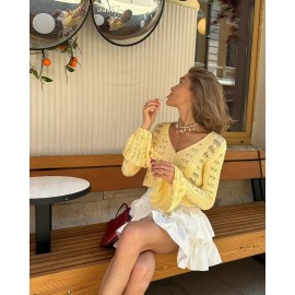 Hollow Out Cutout out Short Knitted Cardigan Women Sexy Flare Sleeve Solid Color Top