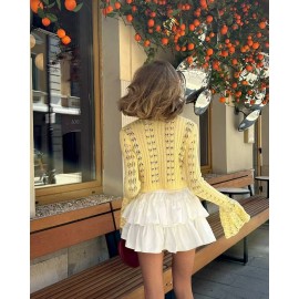 Hollow Out Cutout out Short Knitted Cardigan Women Sexy Flare Sleeve Solid Color Top