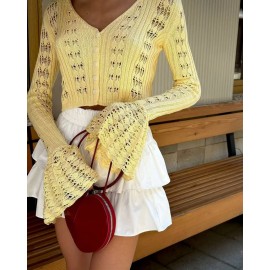 Hollow Out Cutout out Short Knitted Cardigan Women Sexy Flare Sleeve Solid Color Top