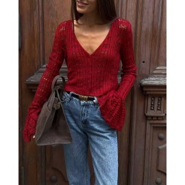 Hollow Out Cutout out Short Knitted Cardigan Women Sexy Flare Sleeve Solid Color Top