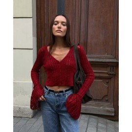Hollow Out Cutout out Short Knitted Cardigan Women Sexy Flare Sleeve Solid Color Top