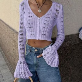 Hollow Out Cutout out Short Knitted Cardigan Women Sexy Flare Sleeve Solid Color Top