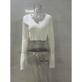 Hollow Out Cutout out Short Knitted Cardigan Women Sexy Flare Sleeve Solid Color Top