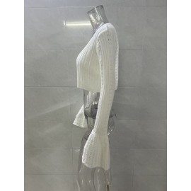 Hollow Out Cutout out Short Knitted Cardigan Women Sexy Flare Sleeve Solid Color Top