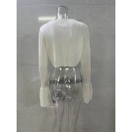 Hollow Out Cutout out Short Knitted Cardigan Women Sexy Flare Sleeve Solid Color Top