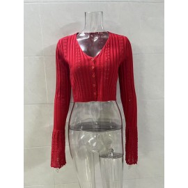 Hollow Out Cutout out Short Knitted Cardigan Women Sexy Flare Sleeve Solid Color Top