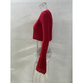 Hollow Out Cutout out Short Knitted Cardigan Women Sexy Flare Sleeve Solid Color Top