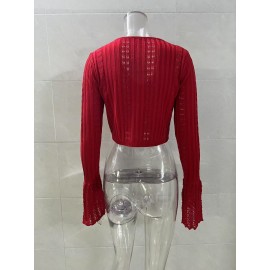 Hollow Out Cutout out Short Knitted Cardigan Women Sexy Flare Sleeve Solid Color Top