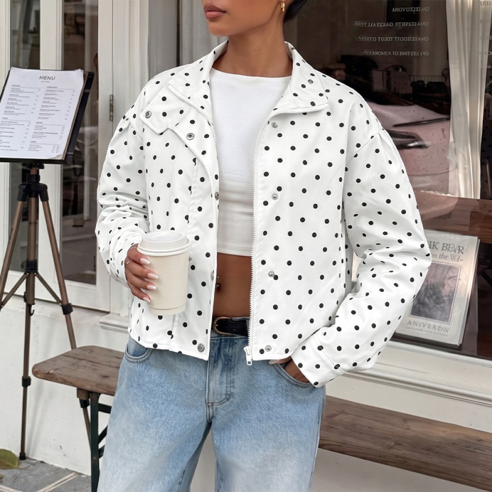 Autumn Winter Loose Long Sleeve Snap Fastener Cardigan Casual Polka Dot Coat Women Clothing