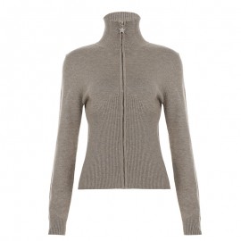 Autumn Winter Women Solid Color Minimal Casual Sweater Lightly Mature Stand Collar Zipper Coat
