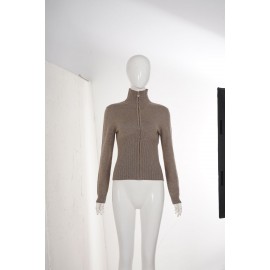Autumn Winter Women Solid Color Minimal Casual Sweater Lightly Mature Stand Collar Zipper Coat
