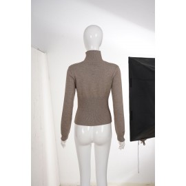 Autumn Winter Women Solid Color Minimal Casual Sweater Lightly Mature Stand Collar Zipper Coat