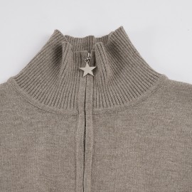 Autumn Winter Women Solid Color Minimal Casual Sweater Lightly Mature Stand Collar Zipper Coat
