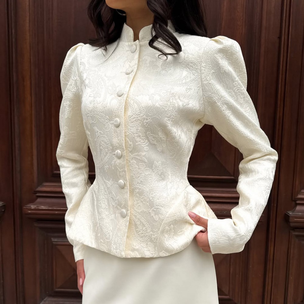 Vintage Court Jacquard Top Women Autumn Stand Collar Puff Sleeve Tight Waist Lotus Leaf Hem Thin Coat