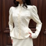 Vintage Court Jacquard Top Women Autumn Stand Collar Puff Sleeve Tight Waist Lotus Leaf Hem Thin Coat