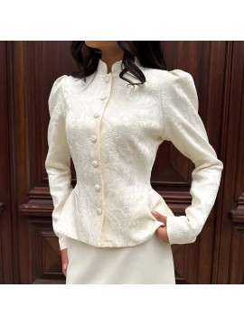 Vintage Court Jacquard Top Women Autumn Stand Collar Puff Sleeve Tight Waist Lotus Leaf Hem Thin Coat