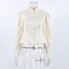 Vintage Court Jacquard Top Women Autumn Stand Collar Puff Sleeve Tight Waist Lotus Leaf Hem Thin Coat