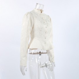 Vintage Court Jacquard Top Women Autumn Stand Collar Puff Sleeve Tight Waist Lotus Leaf Hem Thin Coat