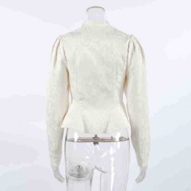 Vintage Court Jacquard Top Women Autumn Stand Collar Puff Sleeve Tight Waist Lotus Leaf Hem Thin Coat