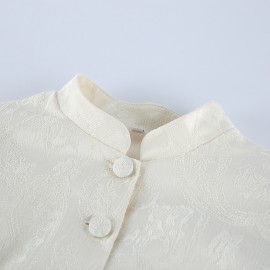 Vintage Court Jacquard Top Women Autumn Stand Collar Puff Sleeve Tight Waist Lotus Leaf Hem Thin Coat