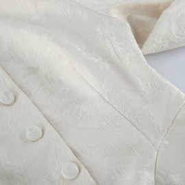 Vintage Court Jacquard Top Women Autumn Stand Collar Puff Sleeve Tight Waist Lotus Leaf Hem Thin Coat