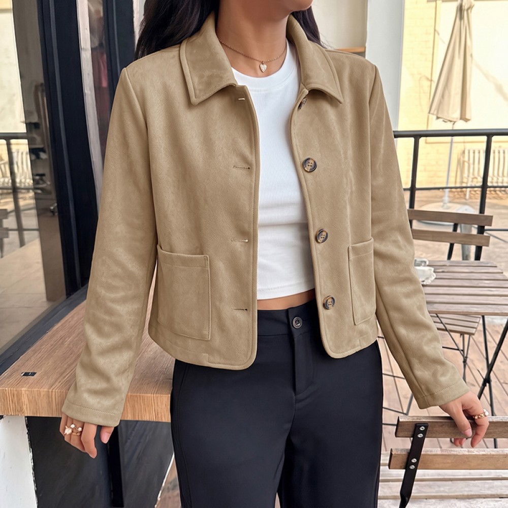 Korean Retro Solid Color Suede Short Lapels Coat