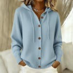 Button Knitted Hooded Sweater Cardigan Coat Autumn Winter Solid Color Casual Women Wear