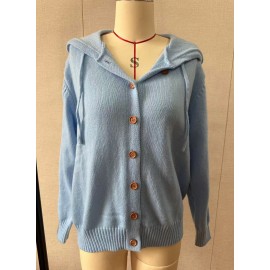 Button Knitted Hooded Sweater Cardigan Coat Autumn Winter Solid Color Casual Women Wear