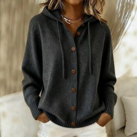 Button Knitted Hooded Sweater Cardigan Coat Autumn Winter Solid Color Casual Women Wear