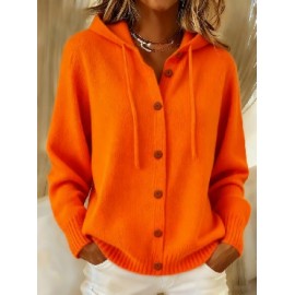 Button Knitted Hooded Sweater Cardigan Coat Autumn Winter Solid Color Casual Women Wear