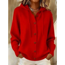 Button Knitted Hooded Sweater Cardigan Coat Autumn Winter Solid Color Casual Women Wear