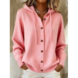 Button Knitted Hooded Sweater Cardigan Coat Autumn Winter Solid Color Casual Women Wear