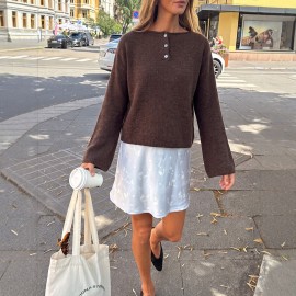 Idle round Neck Button Knitted Sweater Women Loose Long Sleeve Solid Color Pullover Autumn Winter Top Wool