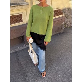 Idle round Neck Button Knitted Sweater Women Loose Long Sleeve Solid Color Pullover Autumn Winter Top Wool