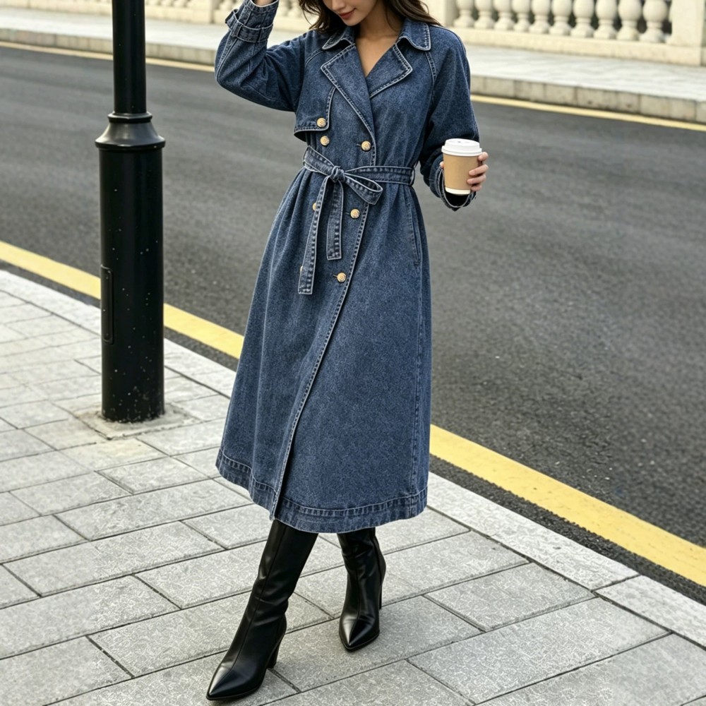 Denim Women Wear Trench Coat Solid Color Collared Long Sleeve Lace up Long Denim Jacket for Women