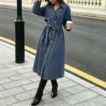 Denim Women Wear Trench Coat Solid Color Collared Long Sleeve Lace up Long Denim Jacket for Women
