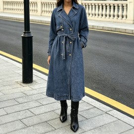 Denim Women Wear Trench Coat Solid Color Collared Long Sleeve Lace up Long Denim Jacket for Women