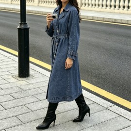 Denim Women Wear Trench Coat Solid Color Collared Long Sleeve Lace up Long Denim Jacket for Women