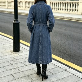 Denim Women Wear Trench Coat Solid Color Collared Long Sleeve Lace up Long Denim Jacket for Women