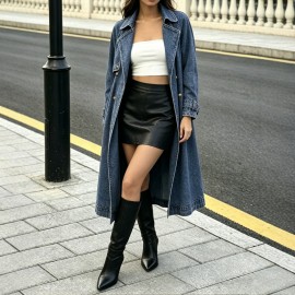 Denim Women Wear Trench Coat Solid Color Collared Long Sleeve Lace up Long Denim Jacket for Women
