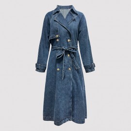 Denim Women Wear Trench Coat Solid Color Collared Long Sleeve Lace up Long Denim Jacket for Women