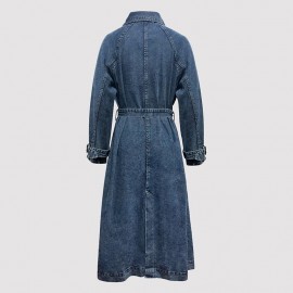 Denim Women Wear Trench Coat Solid Color Collared Long Sleeve Lace up Long Denim Jacket for Women