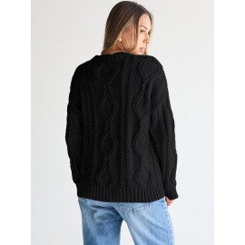 Casual Cable Knit Sweater Women Long Sleeved Solid Color Knitted Pullover Women Commuting Wear
