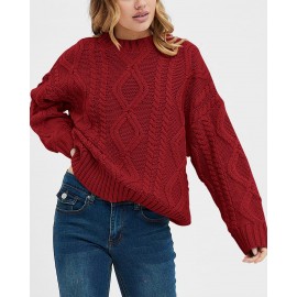 Casual Cable Knit Sweater Women Long Sleeved Solid Color Knitted Pullover Women Commuting Wear