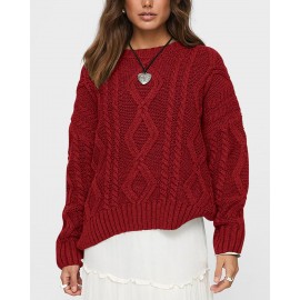 Casual Cable Knit Sweater Women Long Sleeved Solid Color Knitted Pullover Women Commuting Wear