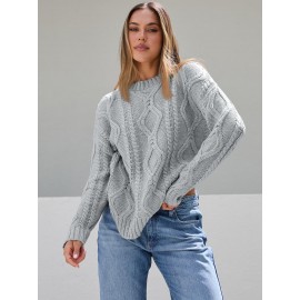 Casual Cable Knit Sweater Women Long Sleeved Solid Color Knitted Pullover Women Commuting Wear
