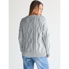 Casual Cable Knit Sweater Women Long Sleeved Solid Color Knitted Pullover Women Commuting Wear