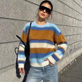 Idle Striped Sweater Multi Color Mosaic Striped Crew Neck Long Sleeves Knitwear Office Top