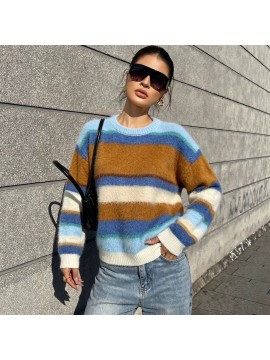Idle Striped Sweater Multi Color Mosaic Striped Crew Neck Long Sleeves Knitwear Office Top